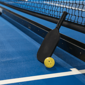 pickleball paddle against net